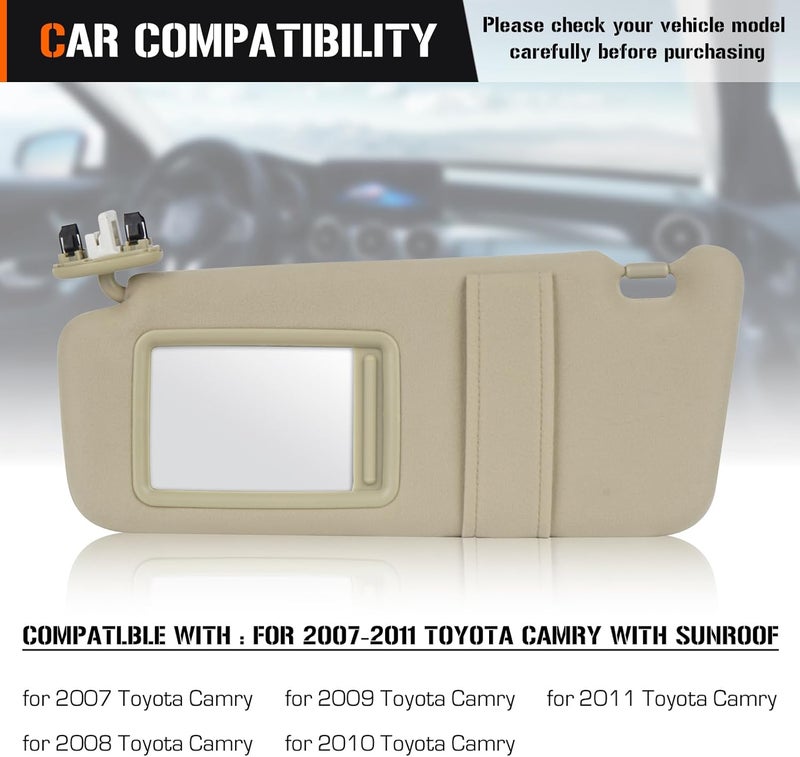 AEagle Sun Visor with Light for Toyota Camry 2007-2011 with Sunroof, Left Driver Side Beige Sunvisor Replace 74320-06800-B0 - Image 3